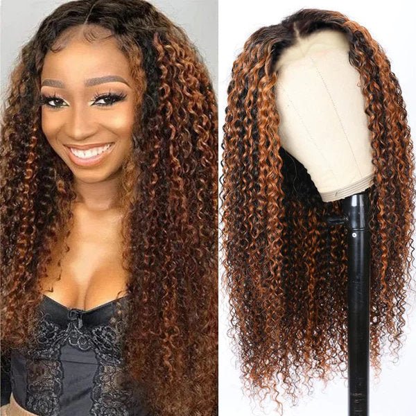 Ombre Highlight Curly Wig with Dark Roots 13x4 HD Lace Frontal Wig 100% Human Hair