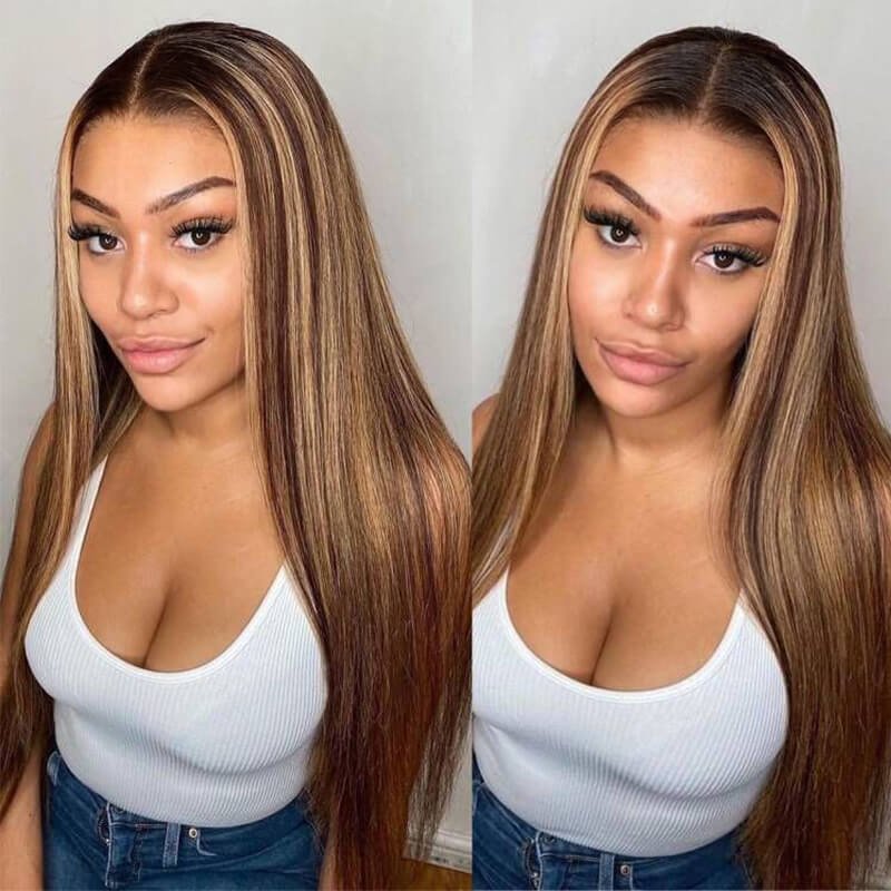 Ombre Highlight Honey Blonde Straight Hair 6x5 13x4 HD Lace Glueless Full Frontal Wig with Dark Roots