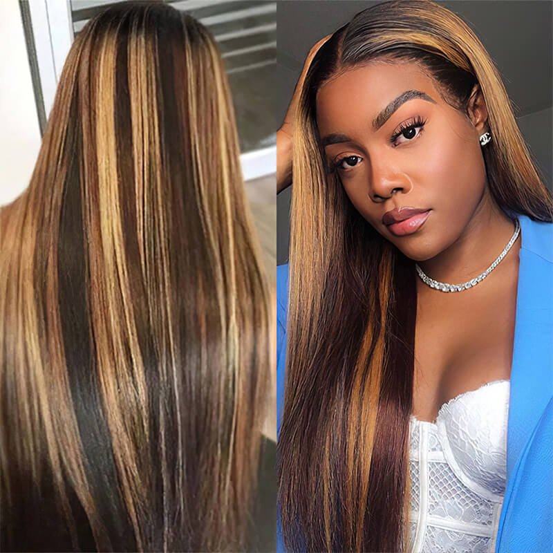 Ombre Highlight Honey Blonde Straight Hair 6x5 13x4 HD Lace Glueless Full Frontal Wig with Dark Roots