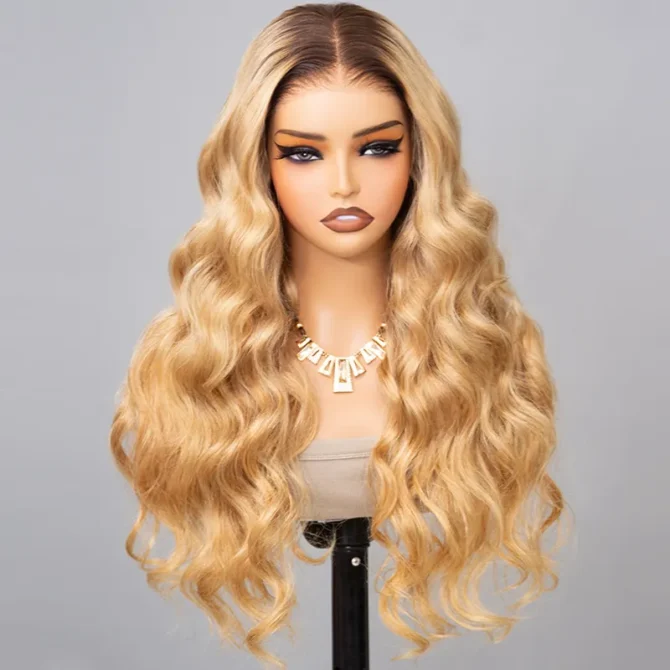 Ombre Honey Blonde Straight/Body Wave 6x5 Lace Glueless Human Hair Wig with Brown Roots