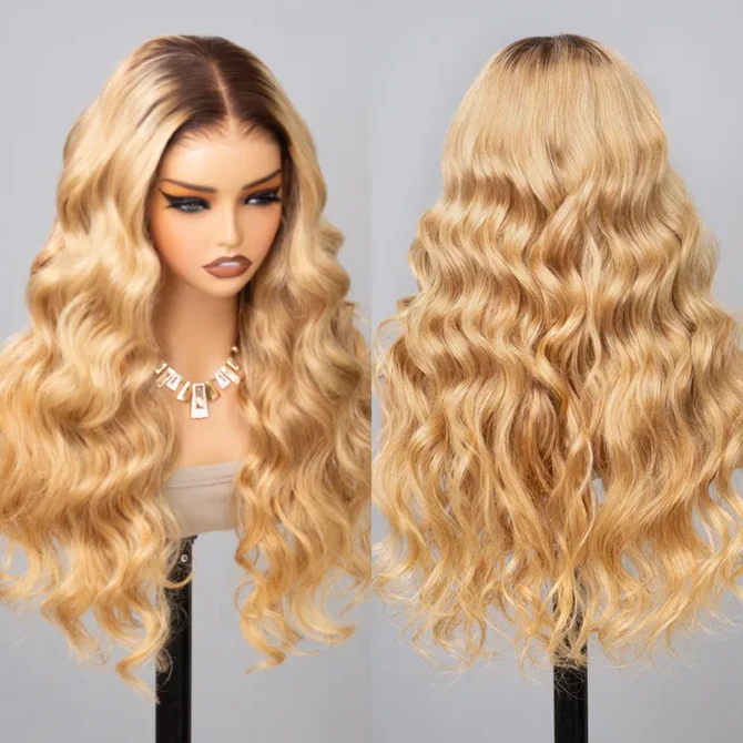 Ombre Honey Blonde Straight/Body Wave 6x5 Lace Glueless Human Hair Wig with Brown Roots