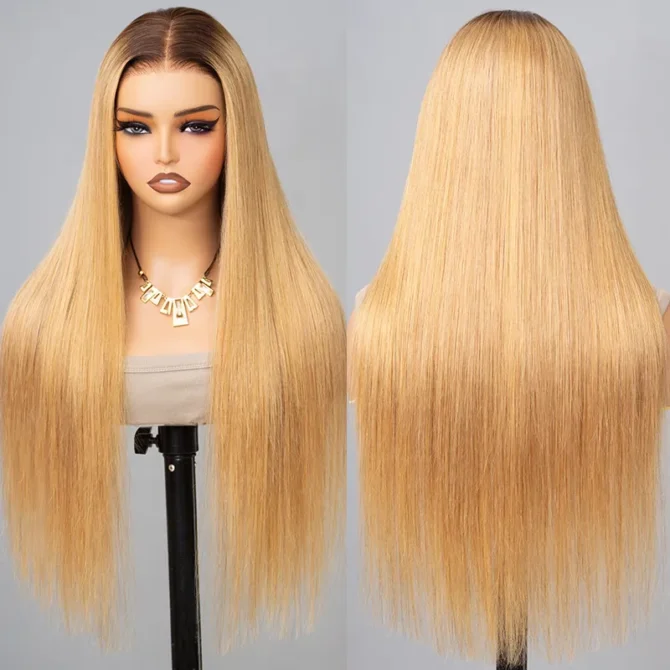 Ombre Honey Blonde Straight/Body Wave 6x5 Lace Glueless Human Hair Wig with Brown Roots