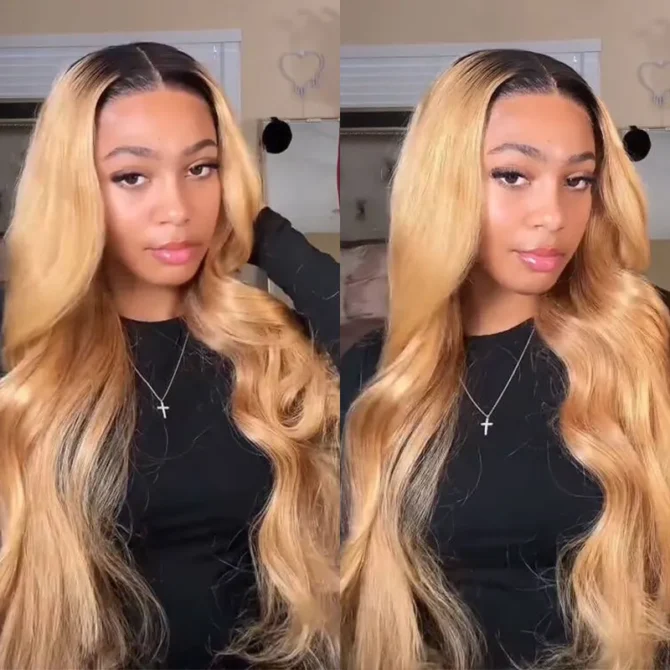 Ombre Honey Blonde Straight/Body Wave 6x5 Lace Glueless Human Hair Wig with Brown Roots