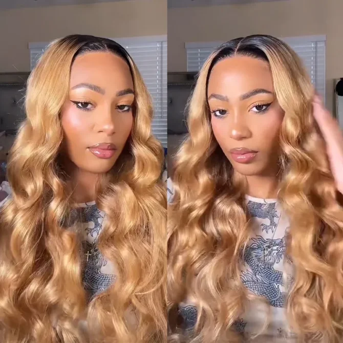 Ombre Body Wave 6x5 Glueless HD Lace Human Hair Wigs Honey Blonde Color with Brown Roots T2/27