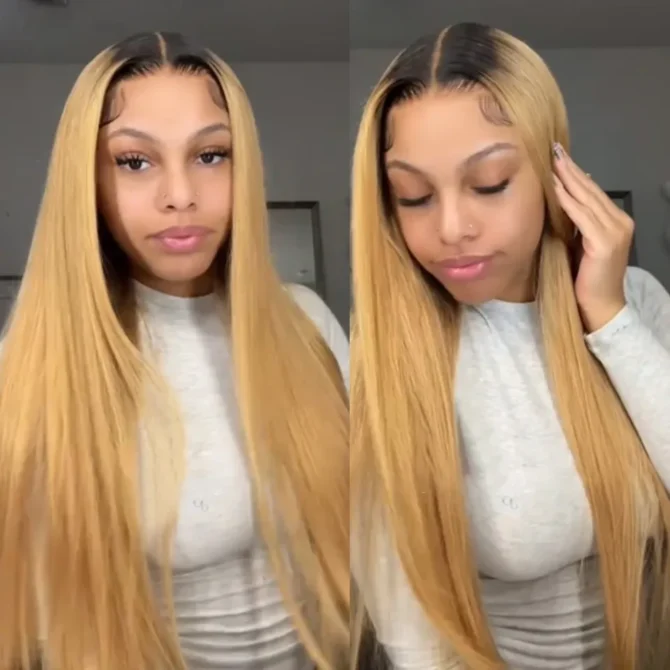 Ombre Honey Blonde Straight/Body Wave 6x5 Lace Glueless Human Hair Wig with Brown Roots