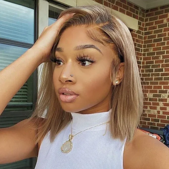 Ombre Color Bob 6x5 Glueless Short Human Hair Wig Honey Blonde with Brown Roots