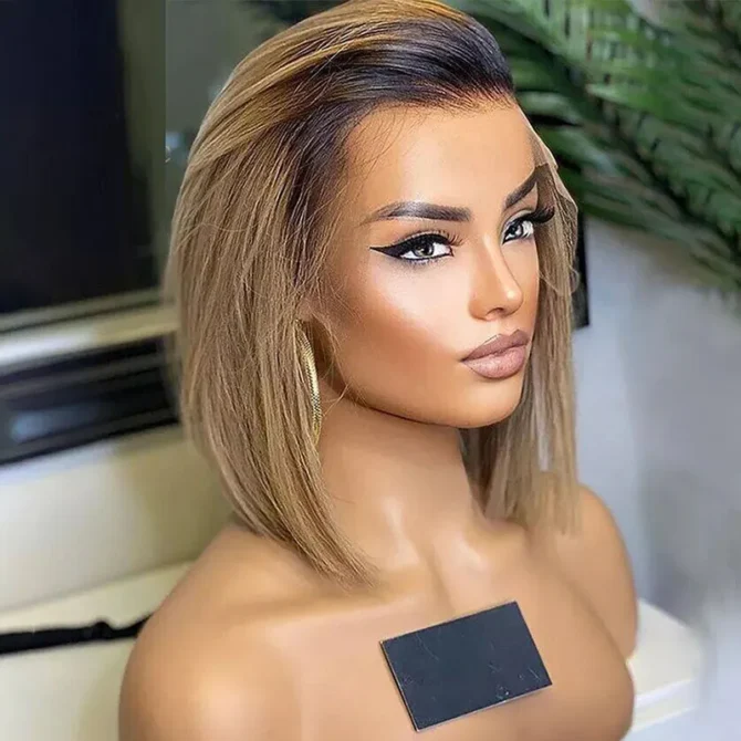Ombre Color Bob 6x5 Glueless Short Human Hair Wig Honey Blonde with Brown Roots