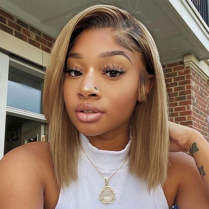 Ombre Color Bob 6x5 Glueless Short Human Hair Wig Honey Blonde with Brown Roots
