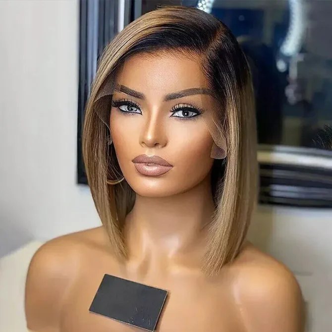 Ombre Color Bob 6x5 Glueless Short Human Hair Wig Honey Blonde with Brown Roots
