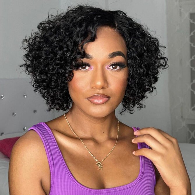 Trendy Short Cut Curly Bob Minimalist HD Lace Glueless Side Part Pre Bleach Knots Human Hair Wig