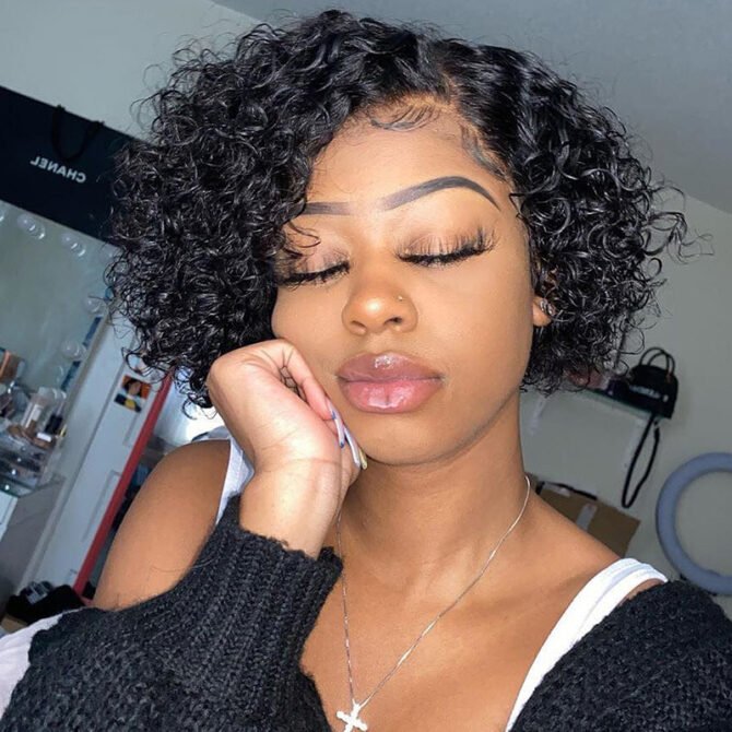 Short Curly Pixie Cut Bob Glueless 13x4 Lace Front Wigs Brazilian Cute Curly Human Hair 180% Density