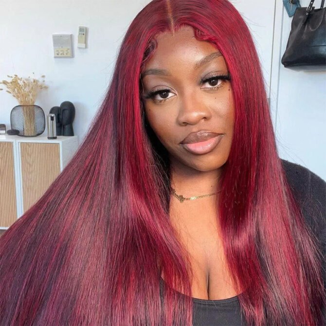 Flash Sale 99J Burgundy with Red Highlight Straight Hair Glueless 13x4 HD Lace Frontal Wig Piano Color Unit