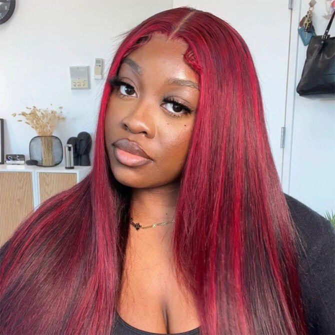 Flash Sale 99J Burgundy with Red Highlight Straight Hair Glueless 13x4 HD Lace Frontal Wig Piano Color Unit