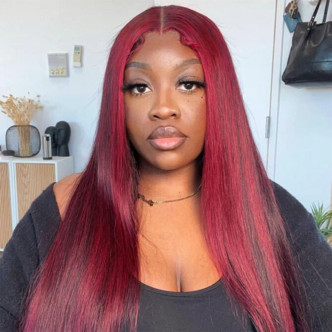 Flash Sale 99J Burgundy with Red Highlight Straight Hair Glueless 13x4 HD Lace Frontal Wig Piano Color Unit