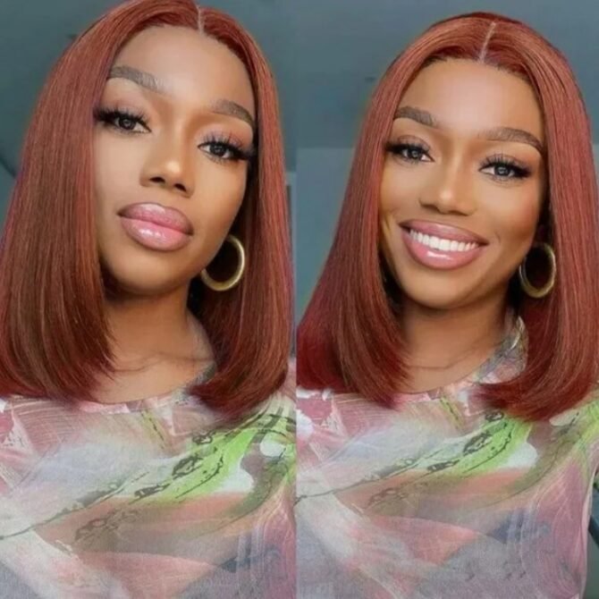 Reddish Brown Short Bob Straight Hair 6x4 Glueless HD Lace Closure Human Hair Wig 180% Density
