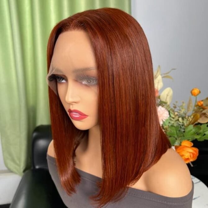 Reddish Brown Short Bob Straight Hair 6x4 Glueless HD Lace Closure Human Hair Wig 180% Density