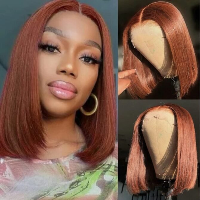 Reddish Brown Short Bob Straight Hair 6x4 Glueless HD Lace Closure Human Hair Wig 180% Density
