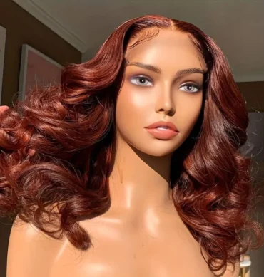 Reddish Brown Short Loose Body Wave Glueless 6x5 Lace Wig Bouncy Curls #33 Color Pre Everything