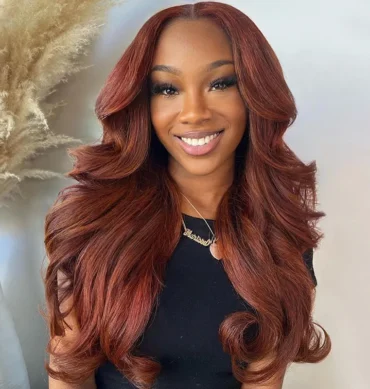 Reddish Brown Color Curtain Bangs Body Wave 6x5 HD Lace Glueless Human Hair Wig Pre Cut & Plucked