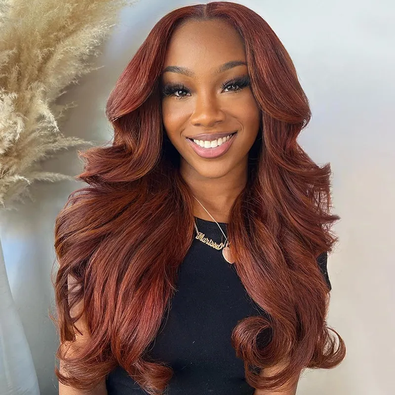 Reddish Brown Color Curtain Bangs Body Wave 6x5 HD Lace Glueless Human Hair Wig Pre Cut & Plucked