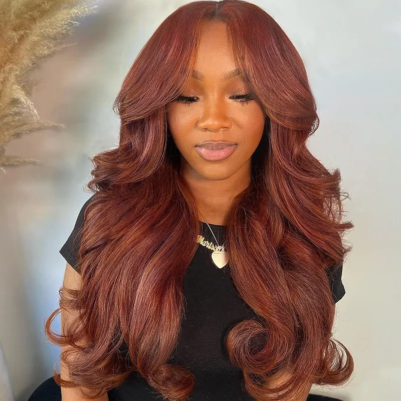 Reddish Brown Color Curtain Bangs Body Wave 6x5 HD Lace Glueless Human Hair Wig Pre Cut & Plucked