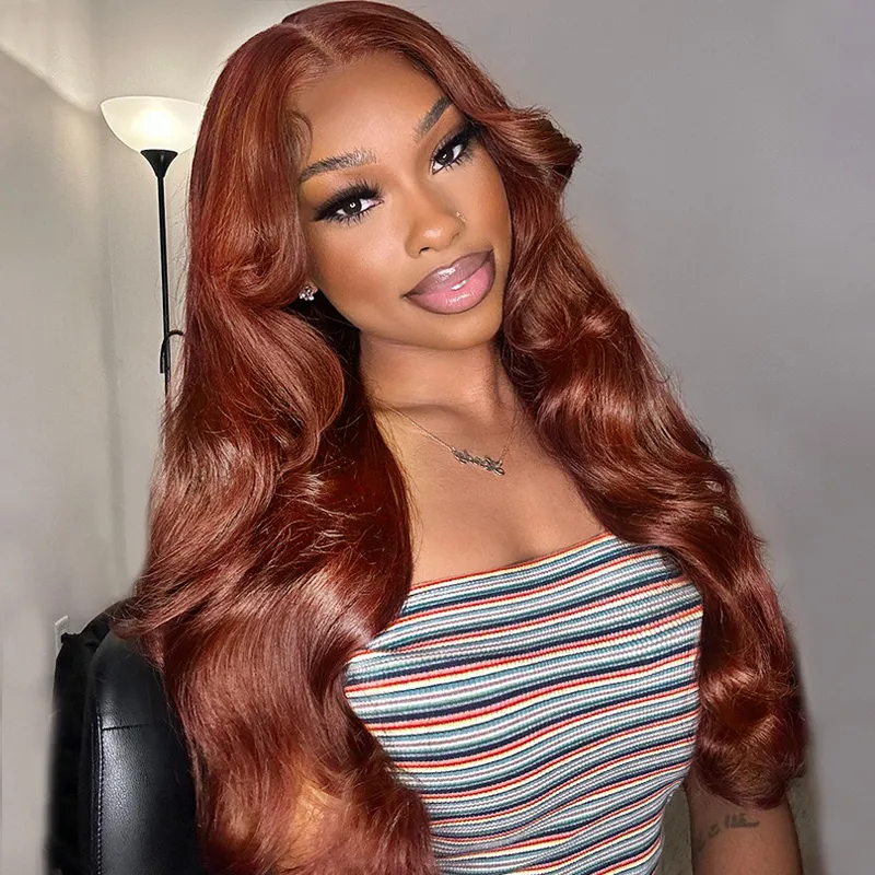 Reddish Brown Color Curtain Bangs Body Wave 6x5 HD Lace Glueless Human Hair Wig Pre Cut & Plucked