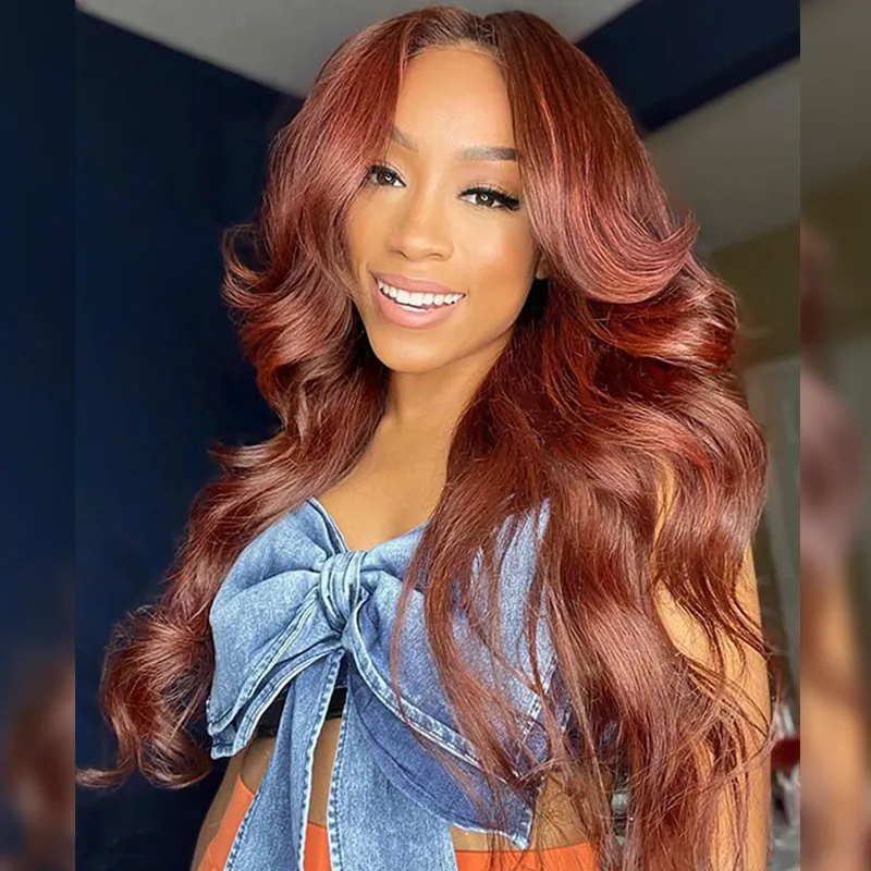 Reddish Brown Color Curtain Bangs Body Wave 6x5 HD Lace Glueless Human Hair Wig Pre Cut & Plucked