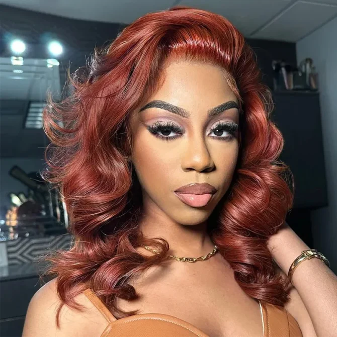 Reddish Brown Color New Body Wave Short Full Frontal 5x5 13x4 HD Lace Human Hair Wig Beautiful Barrel Curls