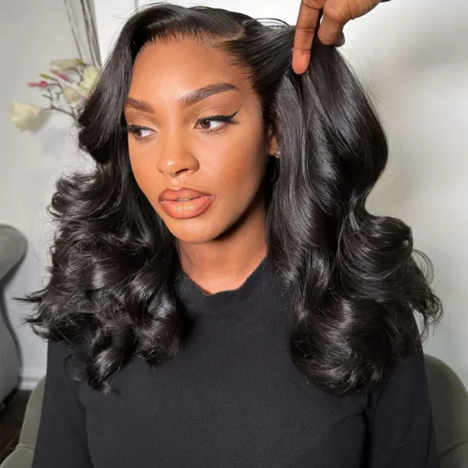 Short Loose Body Wave Wear Go Glueless Human Hair Wig 6x5 HD Lace Natural Black Color