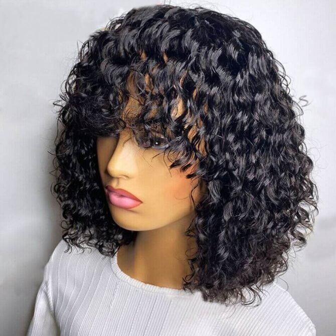 Short Water Curly Bob Wig with Bangs Glueless Human Hair Wig