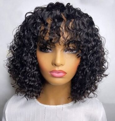 Short Water Curly Bob Wig with Bangs Glueless Human Hair Wig