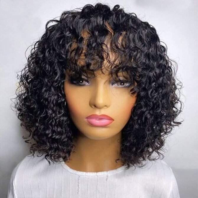 Short Water Curly Bob Wig with Bangs Glueless Human Hair Wig