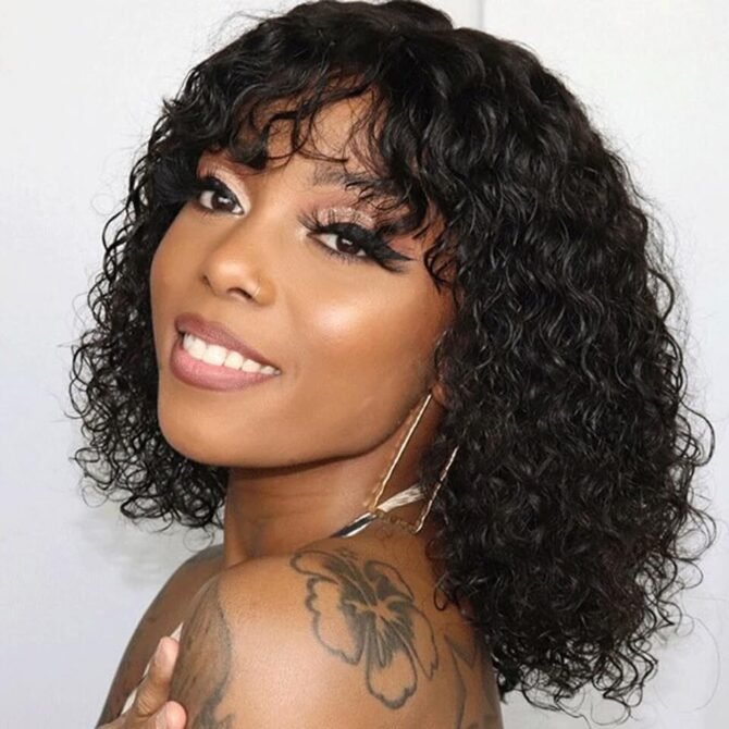 Short Water Curly Bob Wig with Bangs Glueless Human Hair Wig