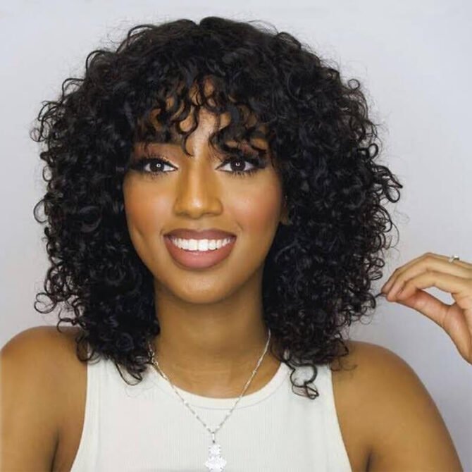 Short Water Curly Bob Wig with Bangs Glueless Human Hair Wig