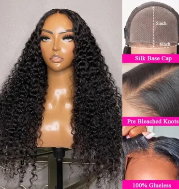 Deep Wave Wear Go Glueless Human Hair 6x5 Lace Silk Base Cap Wig Pre-Cut Lace Bleached Knots