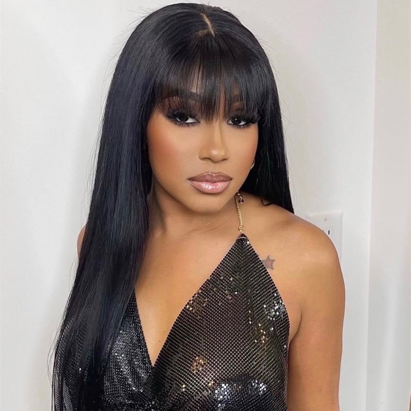 Straight Hair Wig with Bangs 6x5 Lace Wear Go Glueless Closure Wig 100% Human Hair