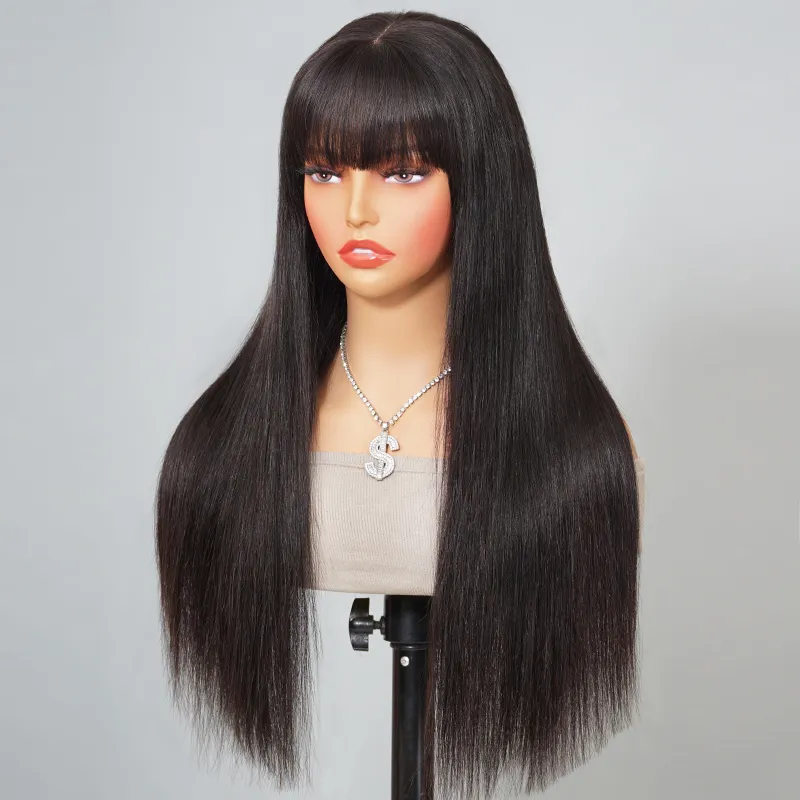 Straight Hair Wig with Bangs 6x5 Lace Wear Go Glueless Closure Wig 100% Human Hair