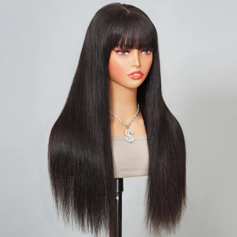 Straight Hair Wig with Bangs 6x5 Lace Wear Go Glueless Closure Wig 100% Human Hair
