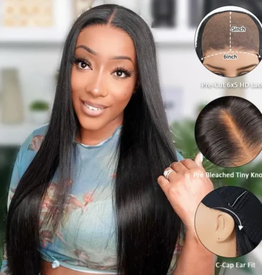 Wear Go Glueless Straight Hair 6x5 HD Pre Cut Lace Human Hair Wig Bleached Knots | Ear Fit C-Cap