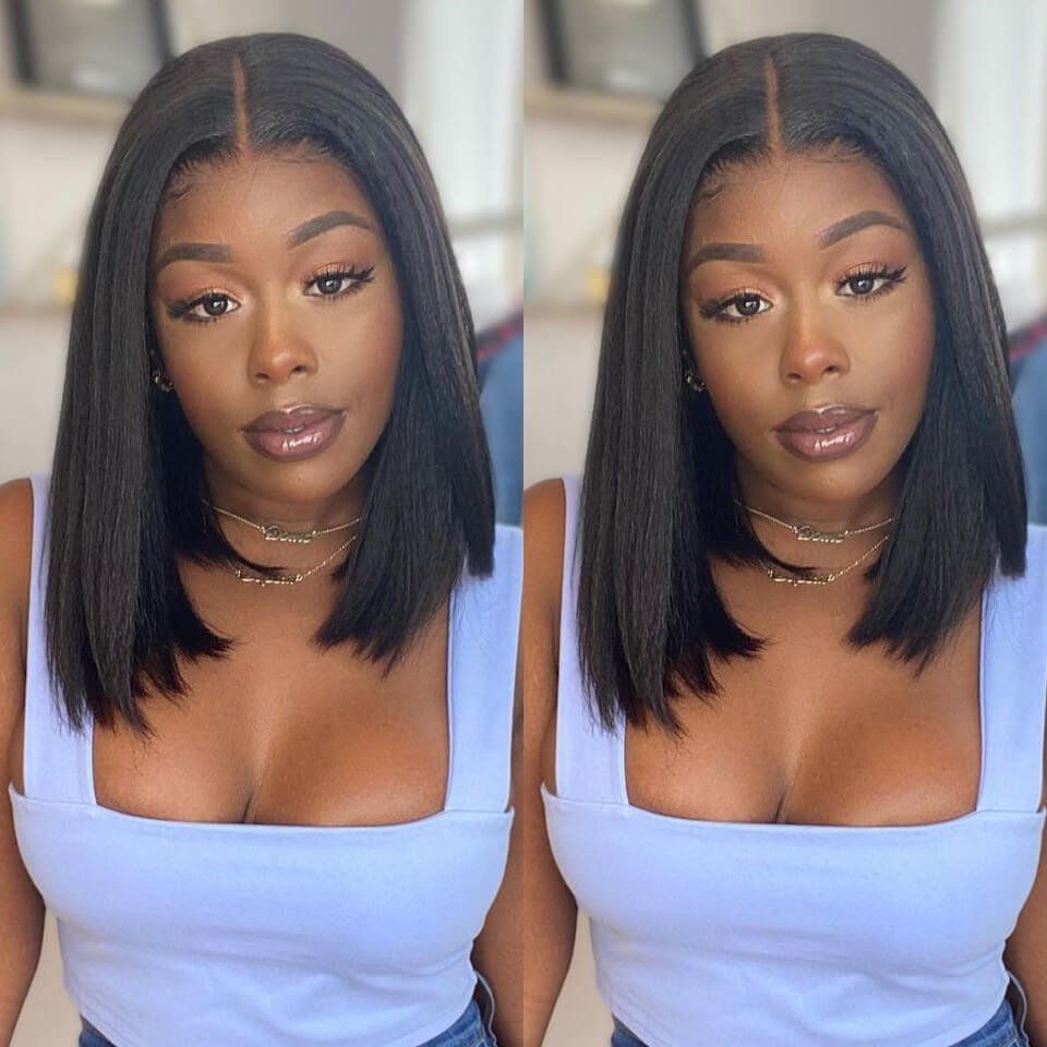 Yaki U Part Bob Wig 100% Human Hair Kinky Straight Short Wig 180% Density Quick Easy Install