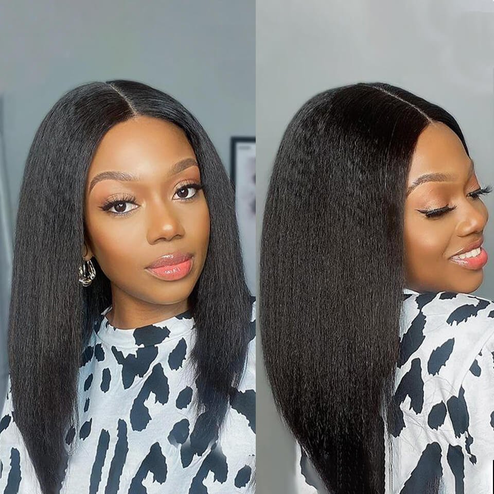 Yaki U Part Bob Wig 100% Human Hair Kinky Straight Short Wig 180% Density Quick Easy Install