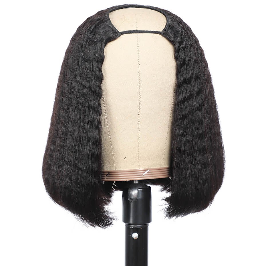 Yaki U Part Bob Wig 100% Human Hair Kinky Straight Short Wig 180% Density Quick Easy Install