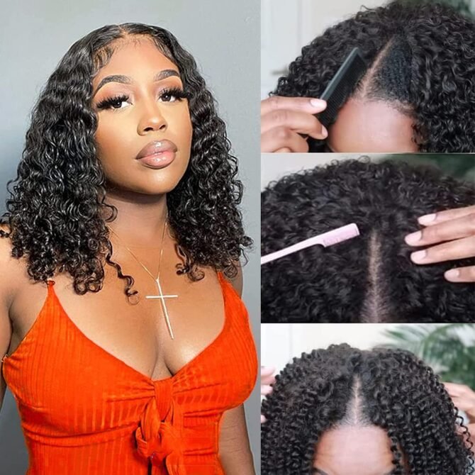 V Part Short Deep Wave Bob Wig 100% Human Hair Quick And Easy Install