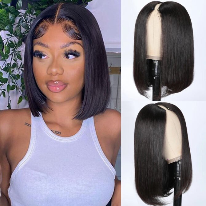 V Part Short Bob Wig Straight Human Hair Glueless Wig Protective Style
