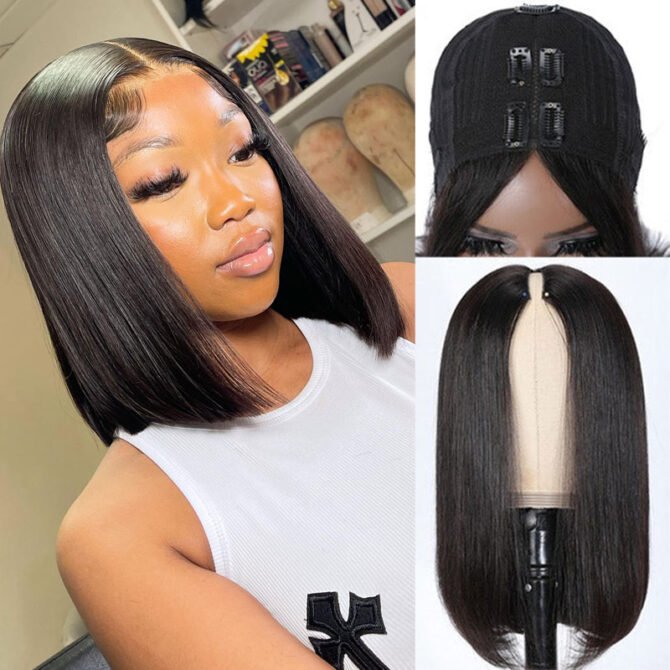 V Part Short Bob Wig Straight Human Hair Glueless Wig Protective Style