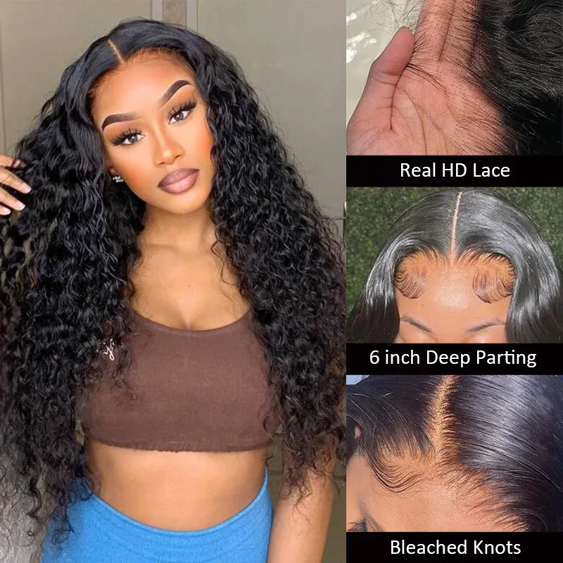 Water Wave 13x6 HD Lace Front Wig Pre Plucked Hairline Bleached Knots Glueless Wig For Women